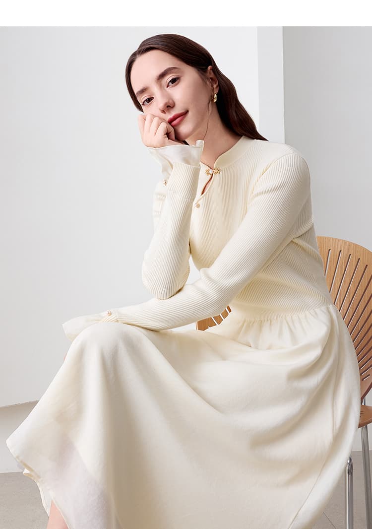 ロングワンピース ニット チャイナボタン リブ編みロングワンピース