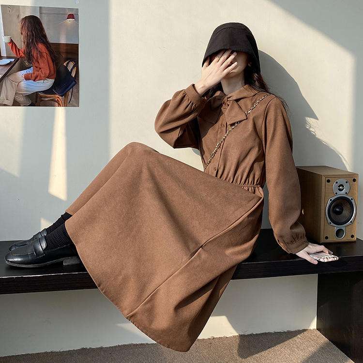 ロングワンピース シンプル襟付きギャザーワンピース