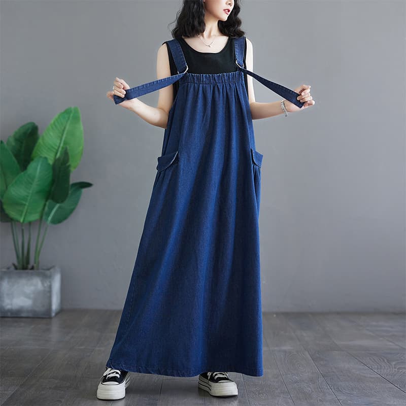 ロングワンピース ゆったりデニムサロペットワンピース