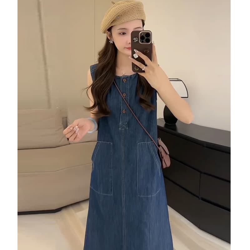 ロングワンピース　デニム ベーシックノースリーブデニムワンピース