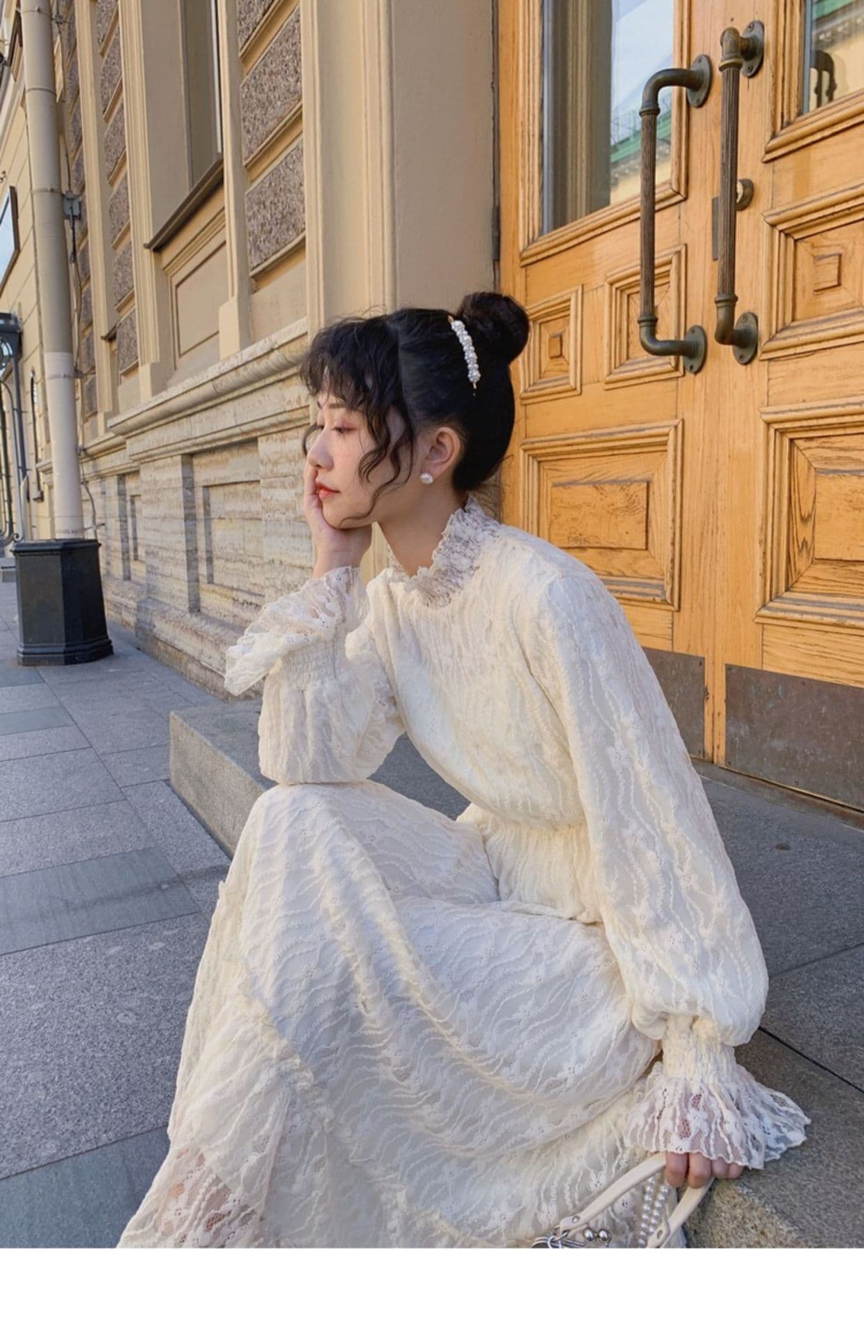 ロングワンピース レース編み花柄デザインワンピース