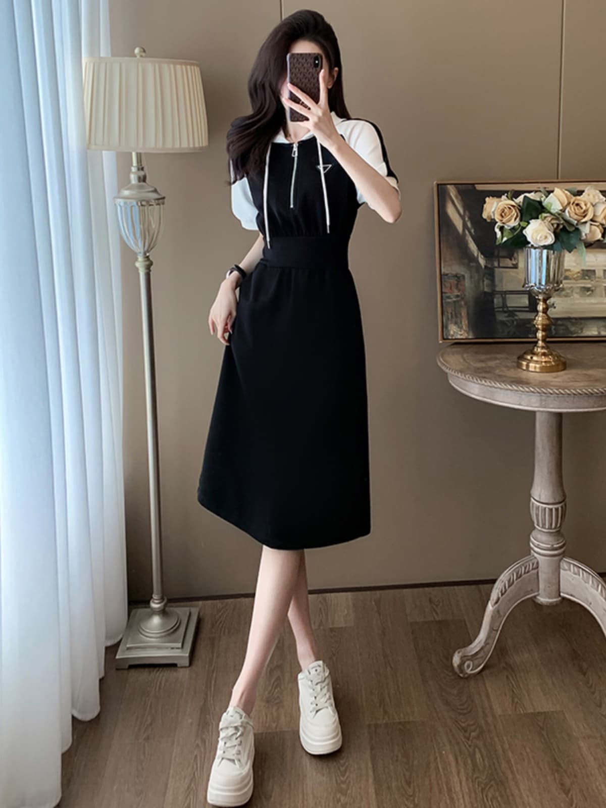 ロングワンピース スウェット バイカラー切替ジップロングワンピース