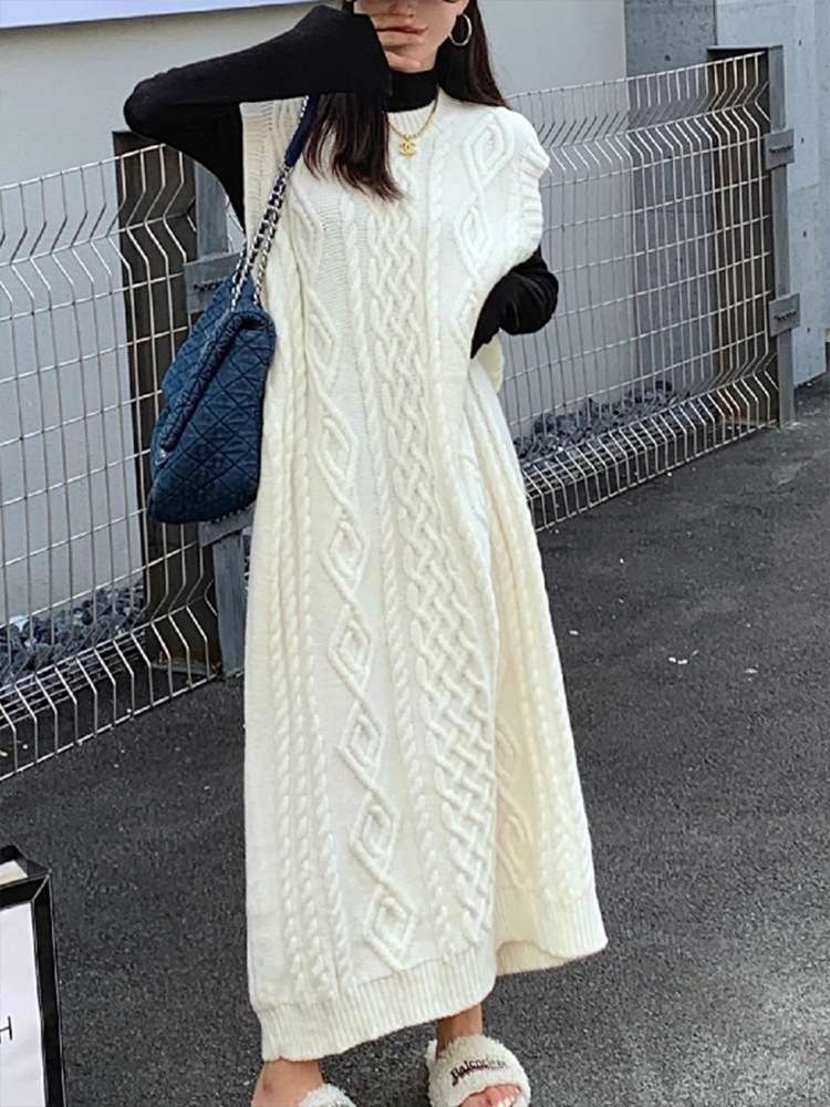 ロングワンピース 贅沢編み目のラグジュアリーケーブルニットワンピース