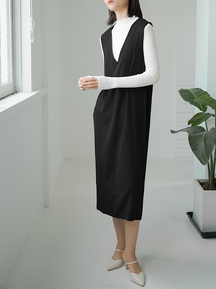 ロングワンピース 人気ノースリーブロング丈ワンピース深Vネックレディース