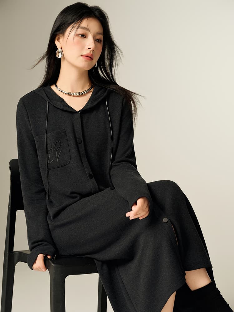 ロングワンピース スウェット フード付きボタンデザインロングワンピース