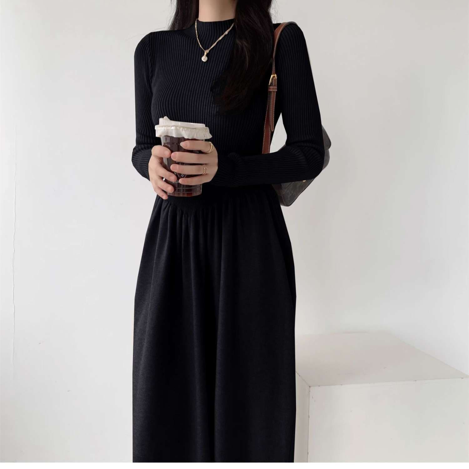 ロングワンピース シンプル上品リブニットロングワンピース