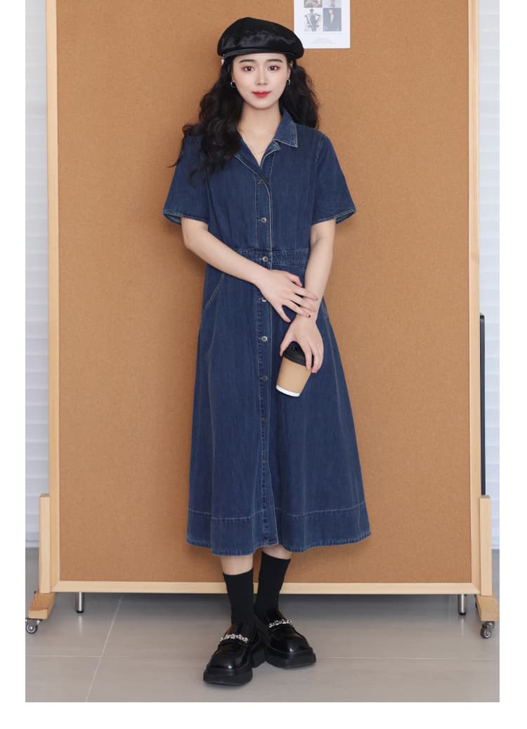 ワンピース デニム レトロ襟付き前開きデニムワンピース