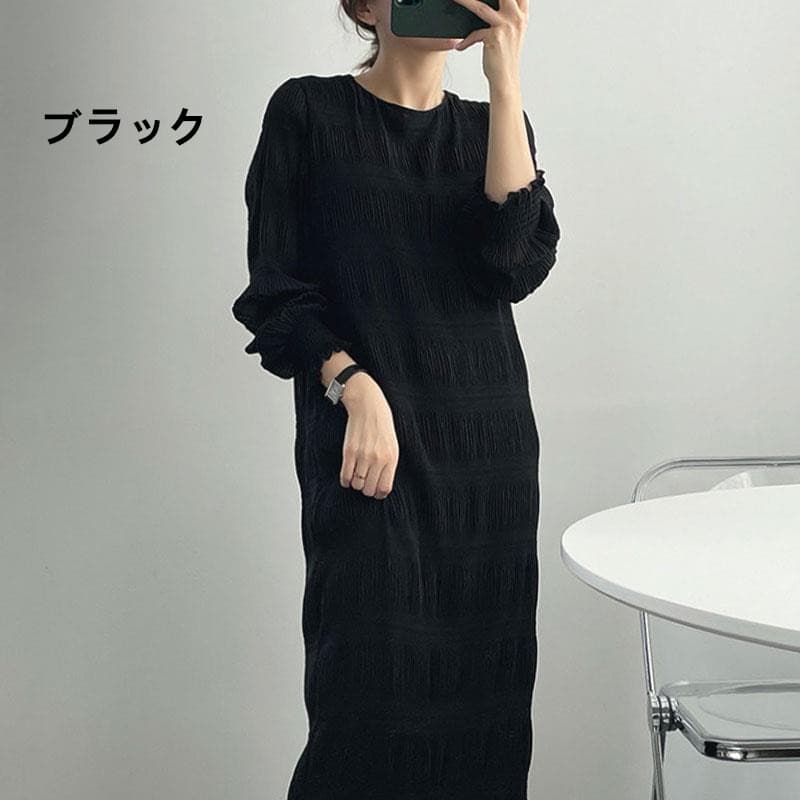 ロングワンピース シャーリング シフォン マキシワンピース ギャザー 長袖