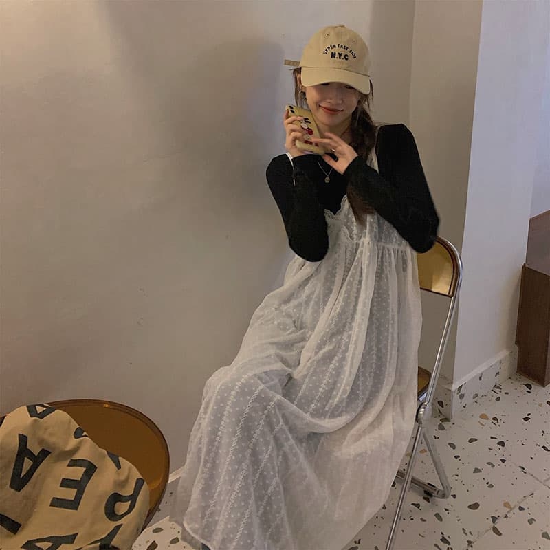 ロングワンピース シアーレース キャミソールワンピース