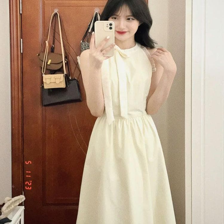 ロングワンピース レース 襟元リボン飾り レース裾フリルワンピース
