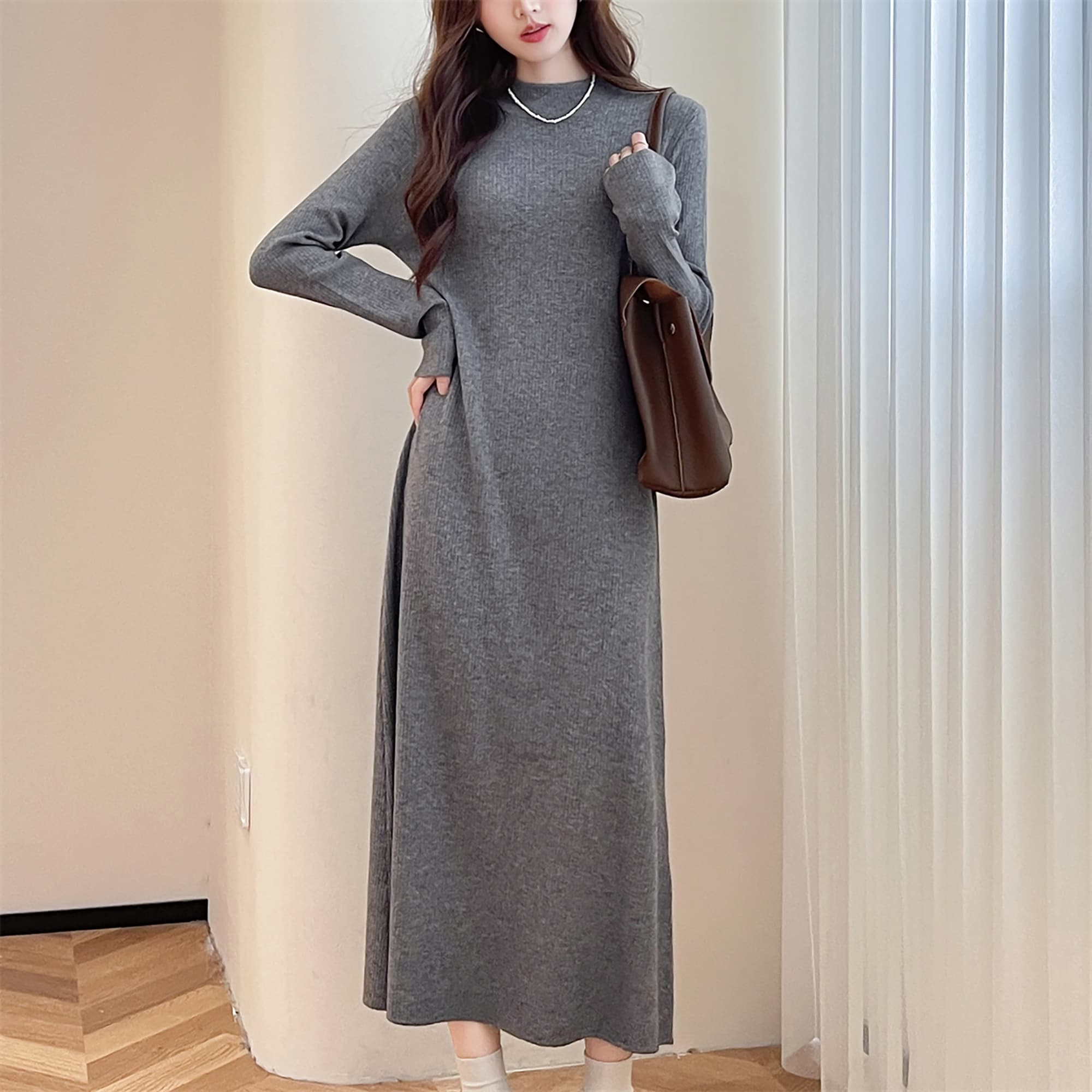 ロングワンピース ニット シンプルリブ編みロングワンピース