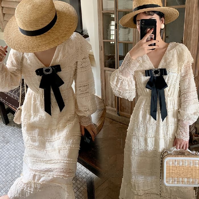 ロングワンピース レース 優美なリボン飾りレースロングワンピース