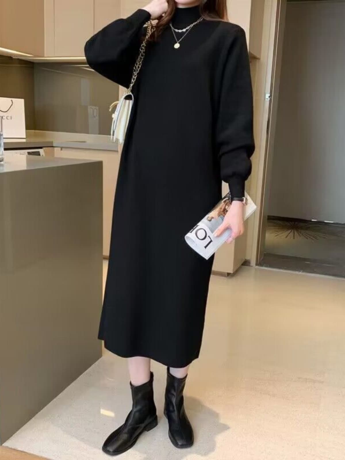 ロングワンピース タートルネック 上質シンプル 大人の余裕タートルワンピース