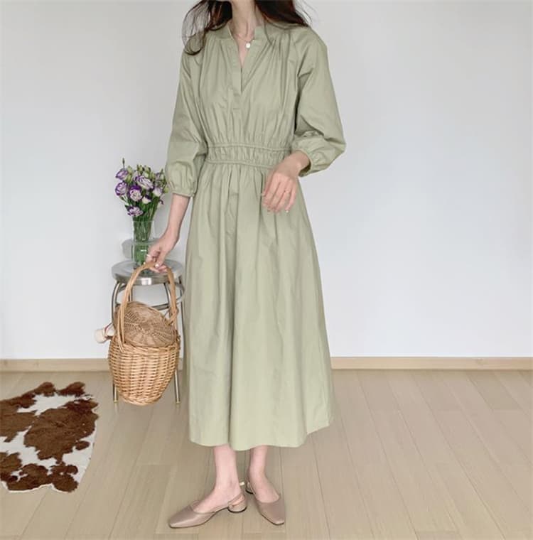 ロングワンピース 深襟シャツワンピース ウエストマーク ロング丈 上品シンプル
