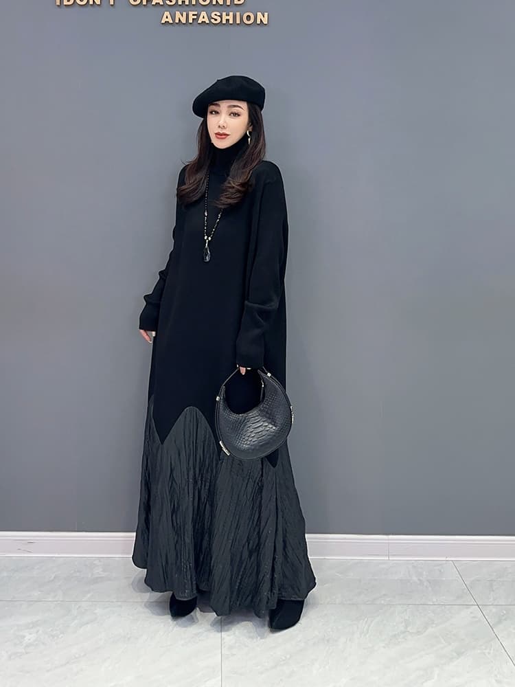 ロングワンピース タートルネック 切り替えデザイン ドレープ ロングワンピース