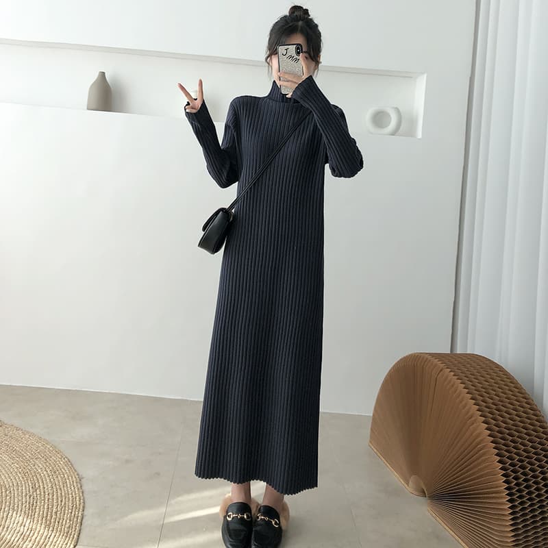 ロングワンピース タートルネック 優美リブ編みタートルネックワンピース