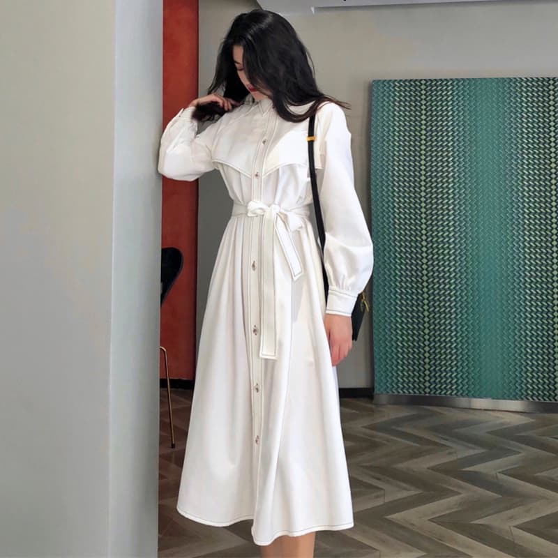 ロングワンピース シャツ ウエストリボンベルト付きロングシャツワンピース