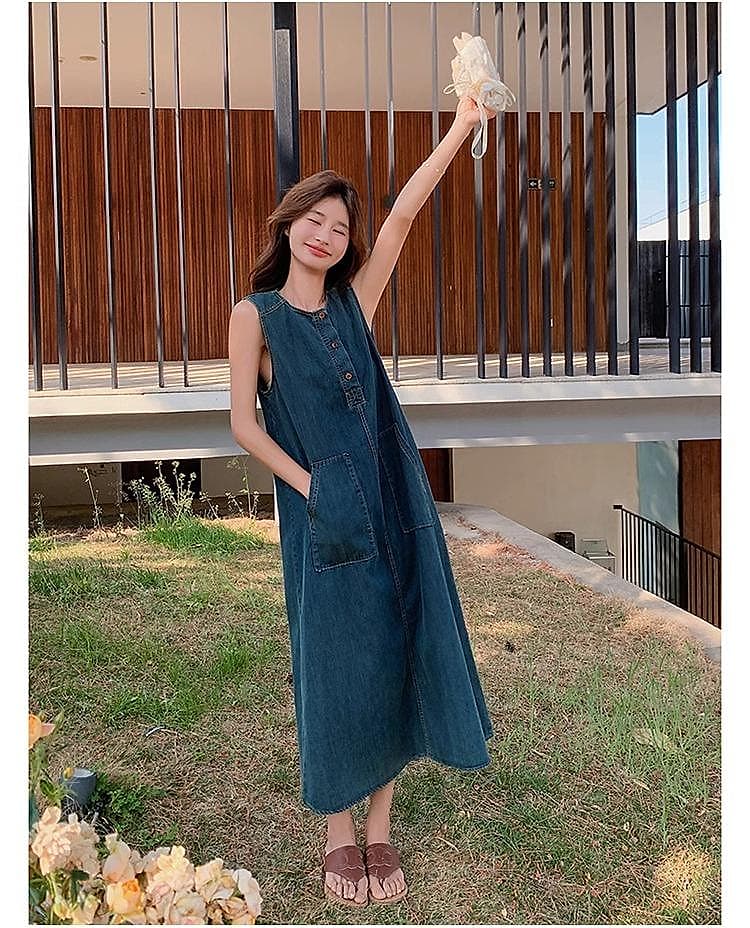 ロングワンピース デニム ゆったりシルエットサロペットワンピース