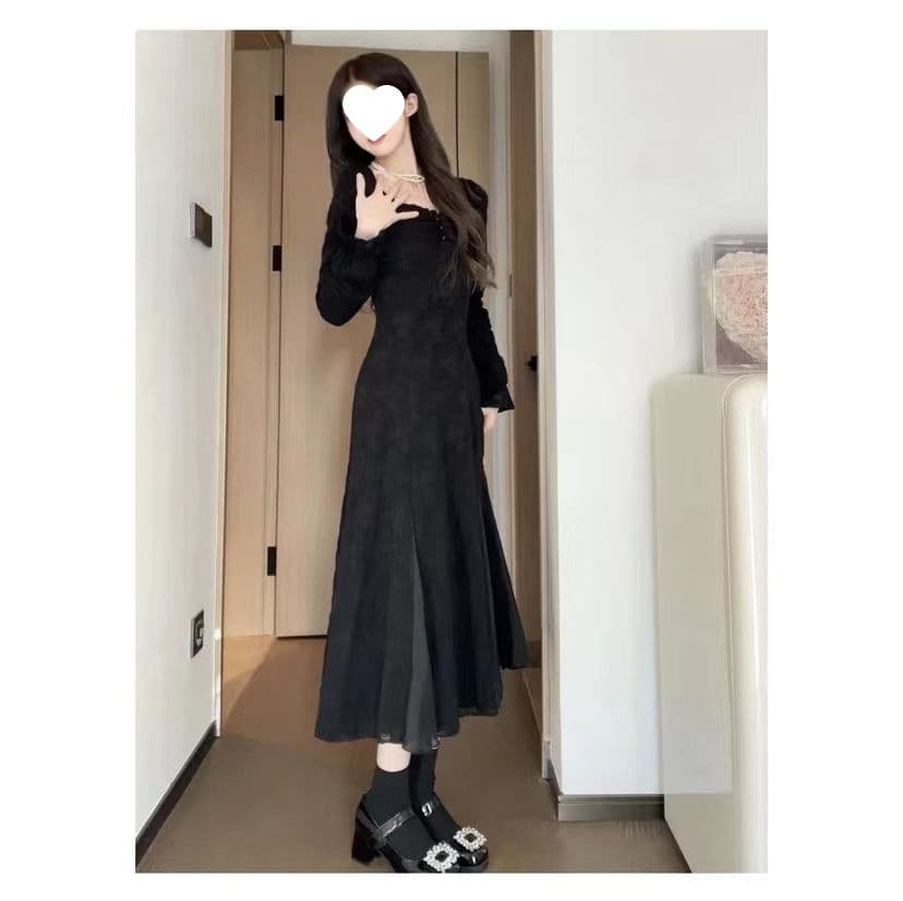 ロングワンピース レース編み込みクラシカルワンピース