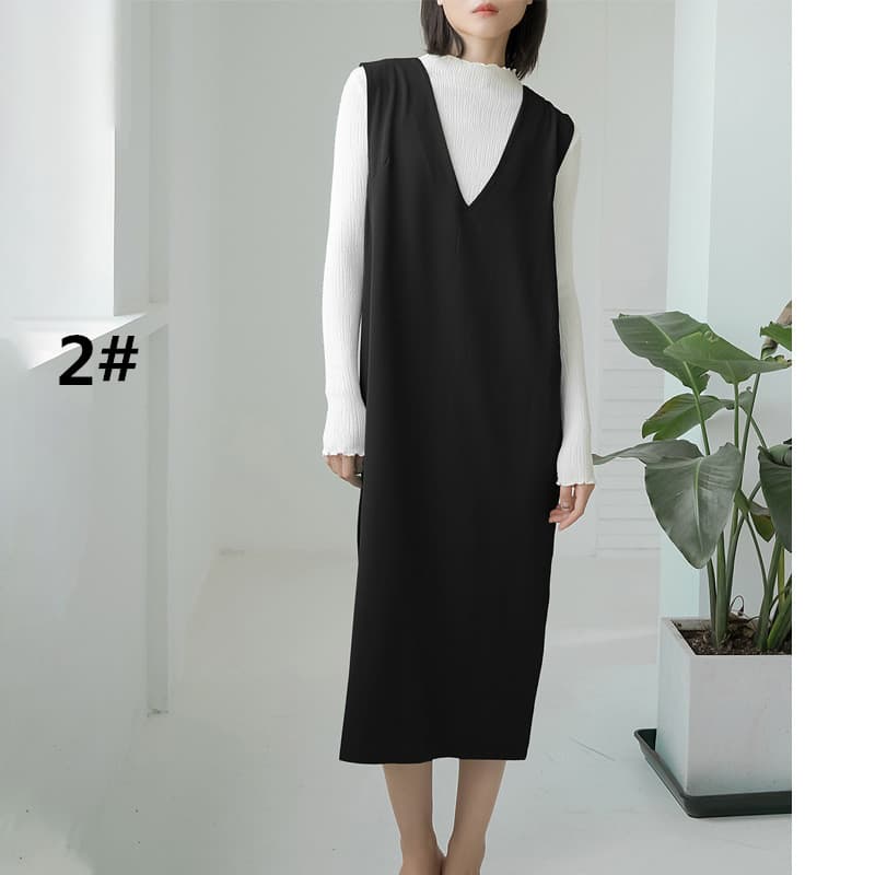 ロングワンピース 人気ノースリーブロング丈ワンピース深Vネックレディース