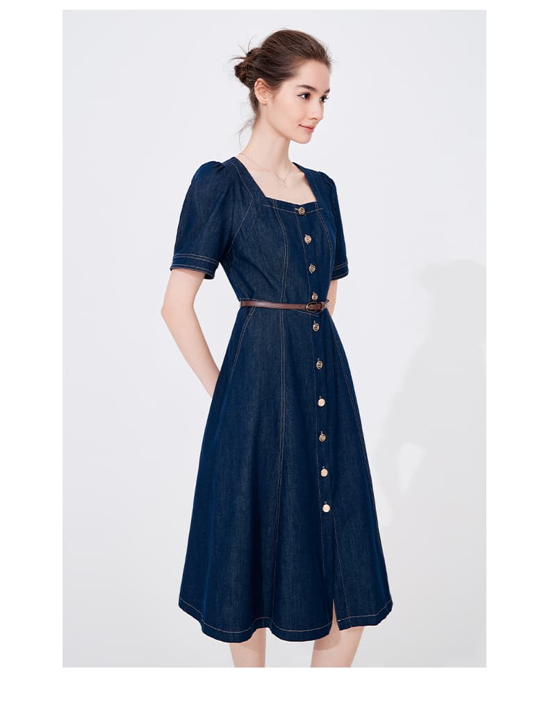 ワンピース デニム スクエアネック前開きデニムワンピース
