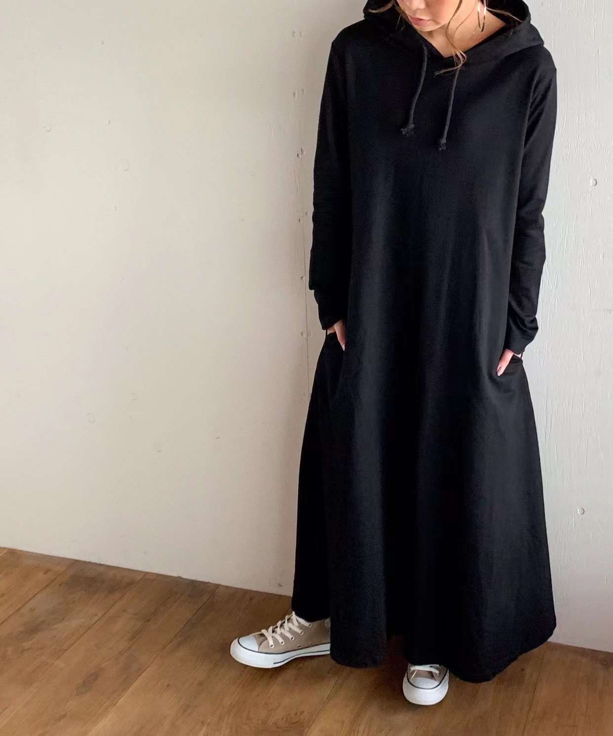 ロングワンピース ゆったりパーカーワンピース