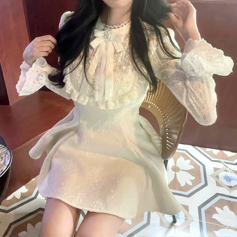 ロングワンピース 優美なレースフリルリボンワンピース