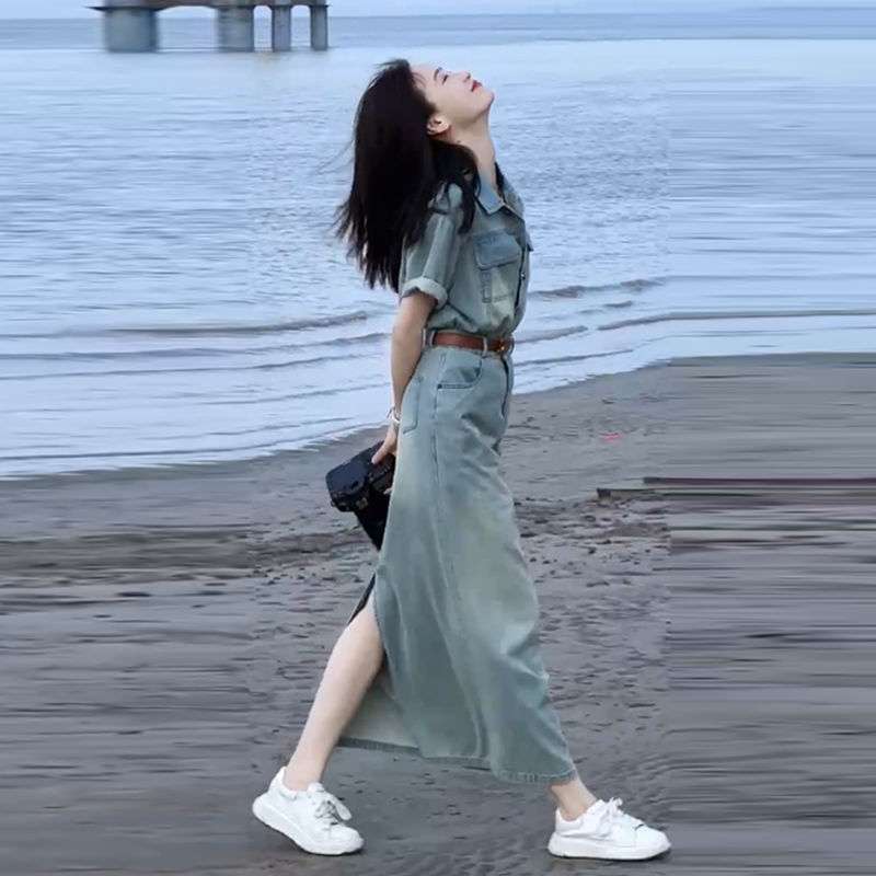 ロングワンピース ゆったりデニムサロペットワンピース