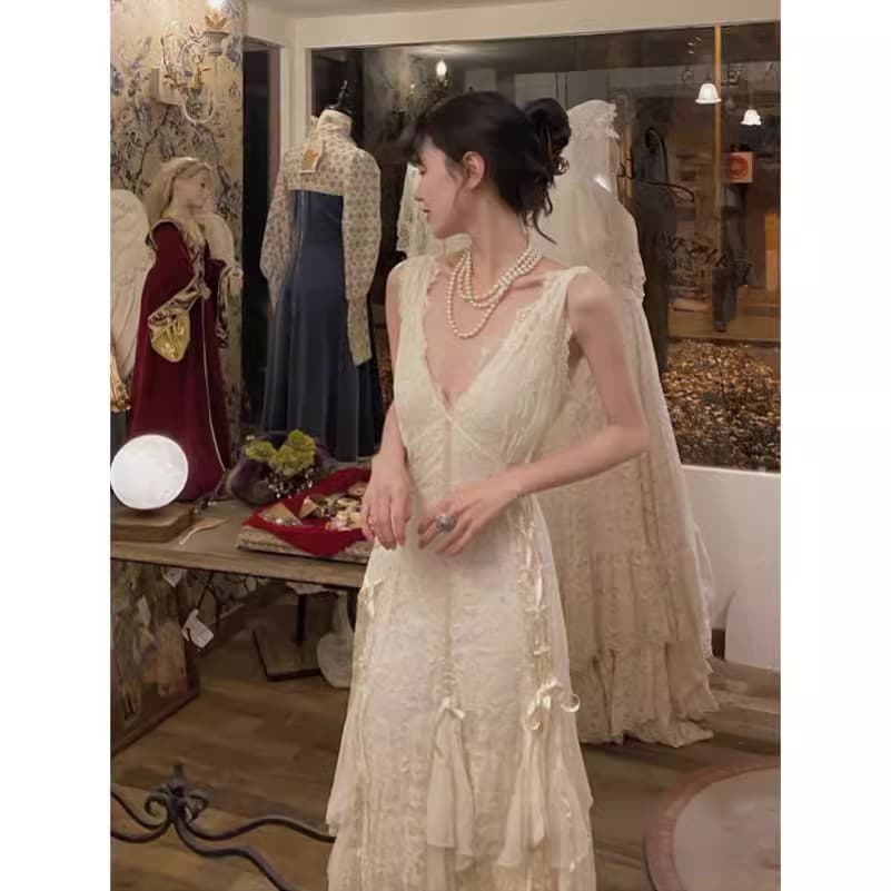 ロングワンピース 優雅な花嫁風レースロングワンピース