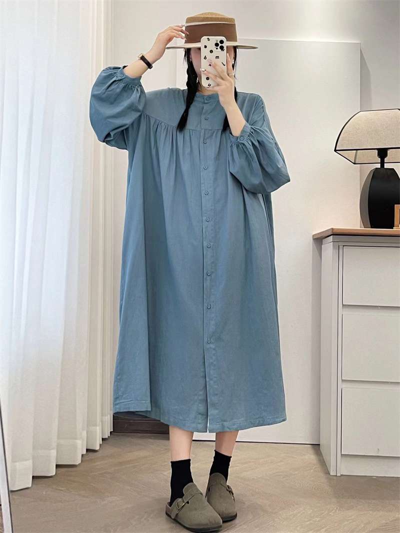 ロングワンピース ギャザーフリル襟 シャーリング ロングワンピース