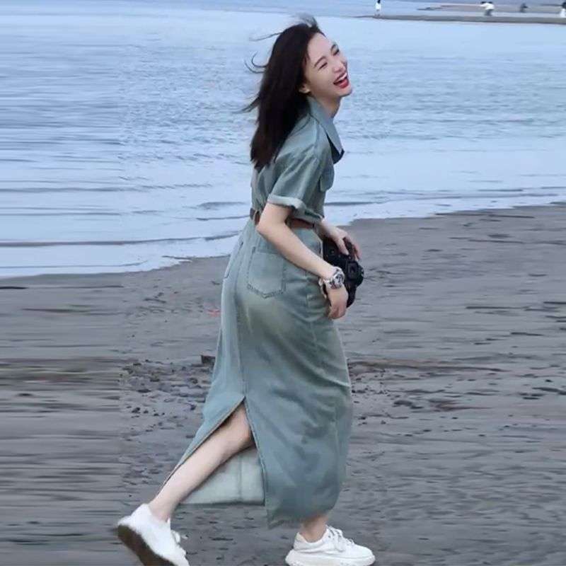 ロングワンピース ゆったりデニムサロペットワンピース