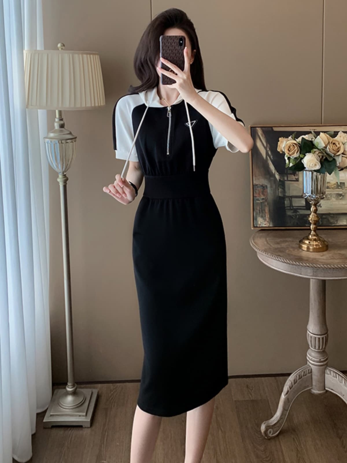 ロングワンピース スウェット バイカラー切替ジップロングワンピース