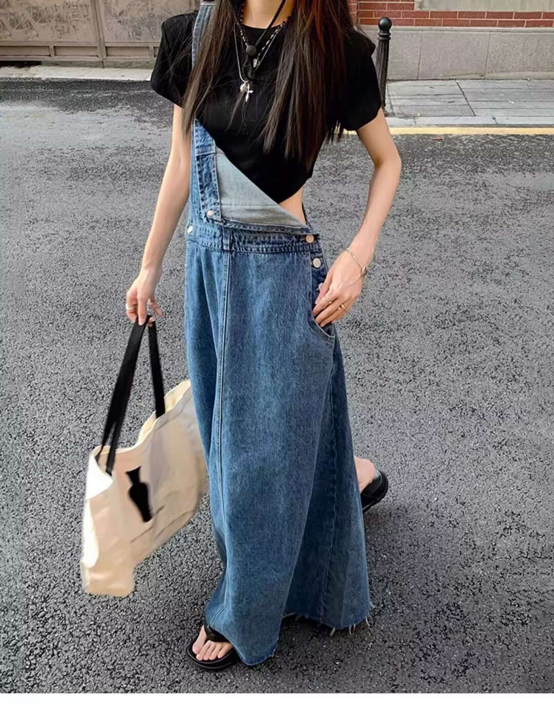 ロングワンピース ゆったりデニムサロペットワンピース