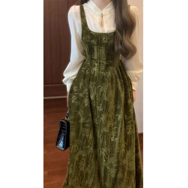 ロングワンピース ベルベット素材 襟付き レイヤードワンピース