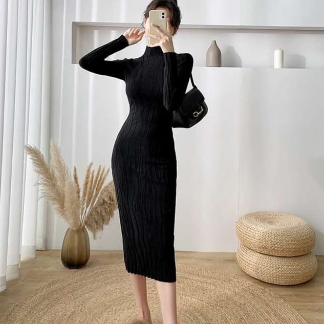 ロングワンピース シンプル美シルエットリブワンピース