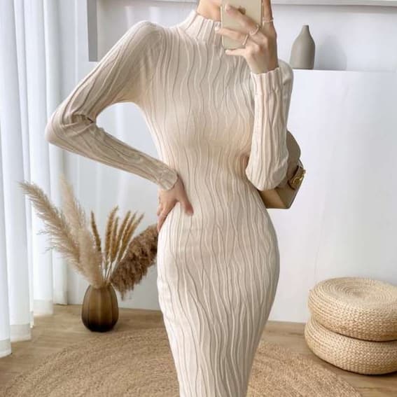 ロングワンピース シンプル美シルエットリブワンピース