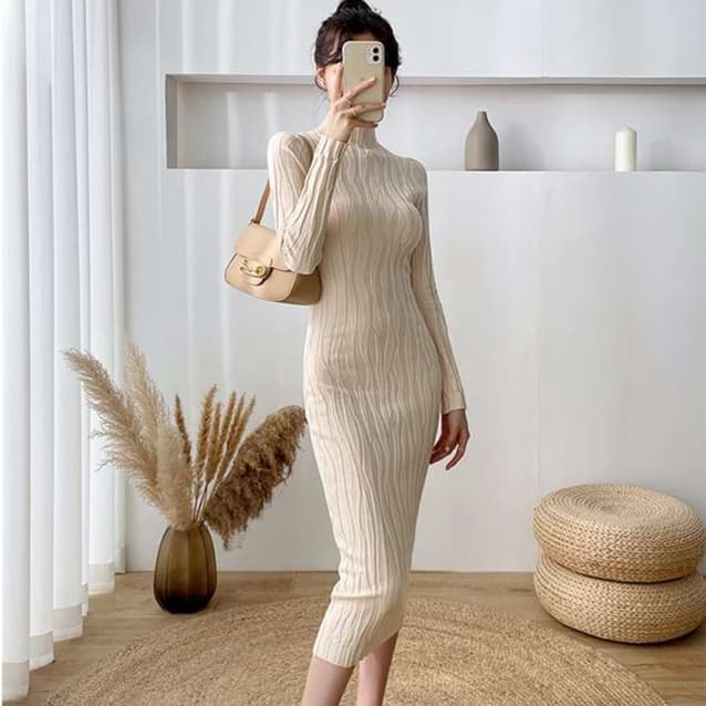 ロングワンピース シンプル美シルエットリブワンピース