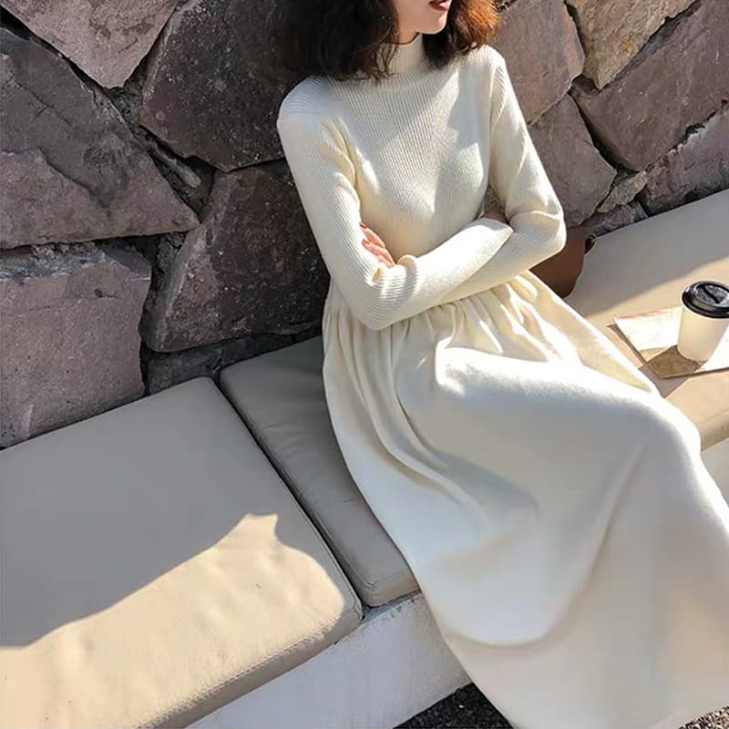 ロングワンピース タートルネック 上品タートルネックニットロングワンピース