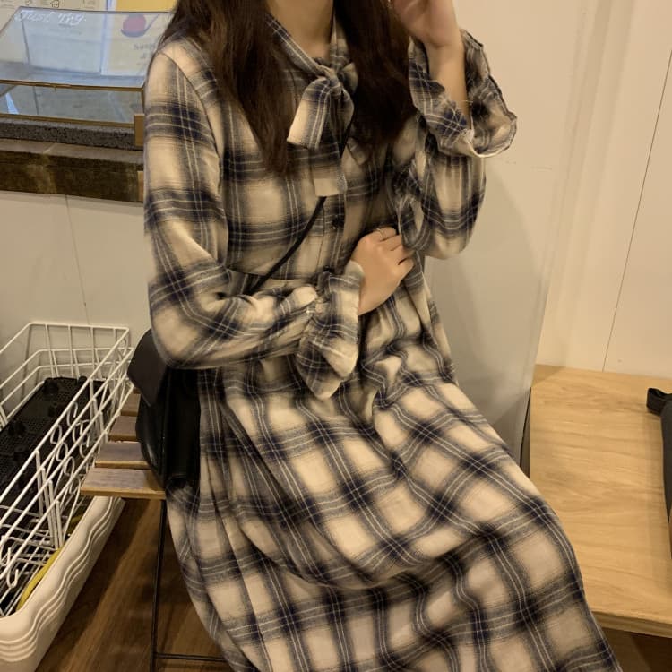ロングワンピース 蝶結び付きチェック柄シャツワンピース レトロ風