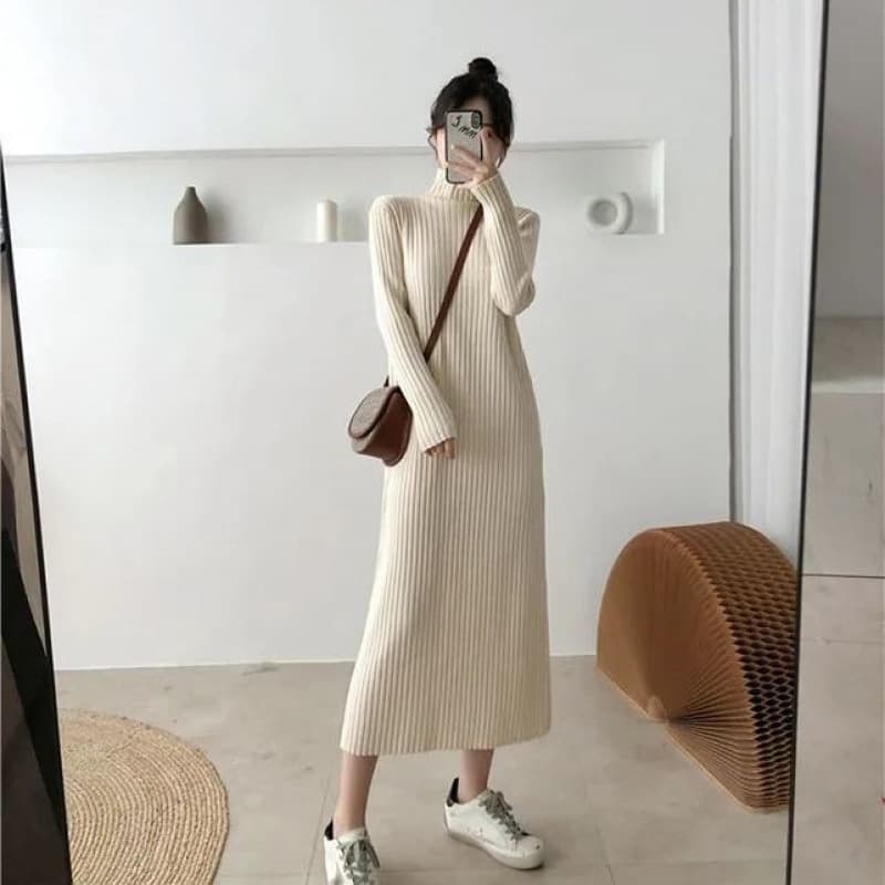 ロングワンピース リブ編みタートルネックロングワンピ
