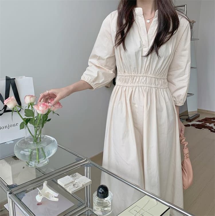 ロングワンピース 深襟シャツワンピース ウエストマーク ロング丈 上品シンプル