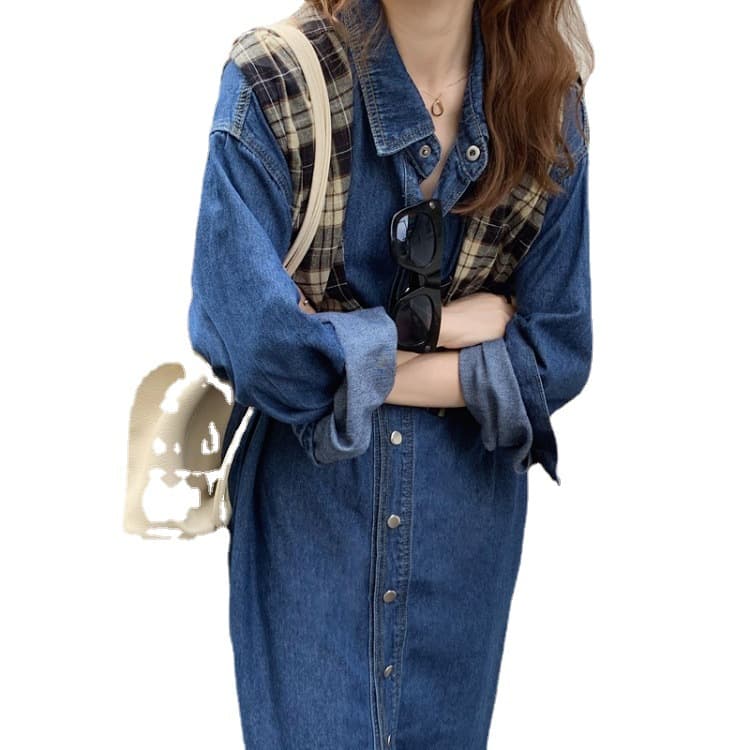 ロングワンピース レトロ風デニムシャツワンピース 長袖ゆったり膝下丈