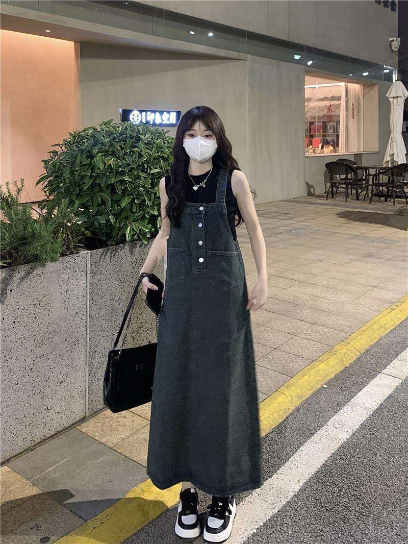 ロングワンピース ゆったりデニムサロペットワンピース