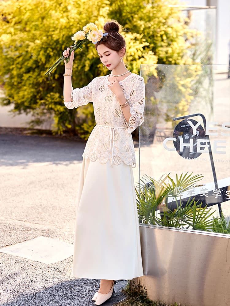 ワンピース レース 優美レース重ね花柄マキシワンピース