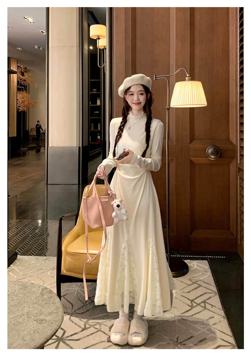 ロングワンピース 優美なフレア レースワンピース