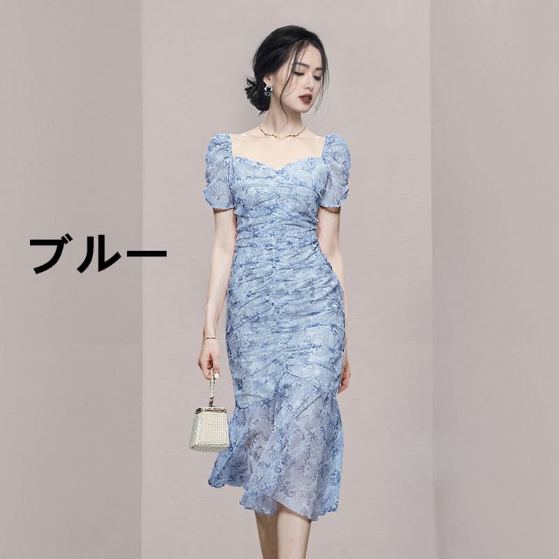 ロングワンピース 花柄レースタイトワンピース パフスリーブ春夏