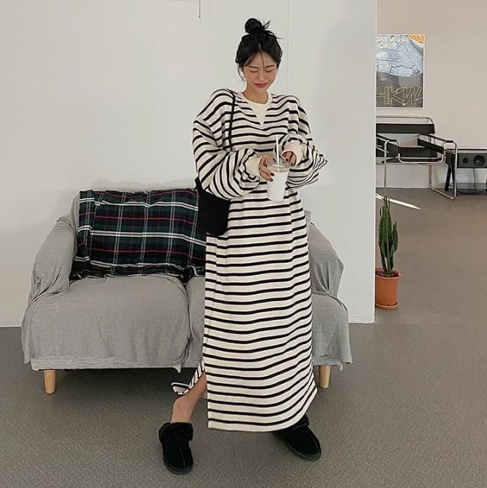 ロングワンピース スウェット ゆったりボーダーロングワンピース