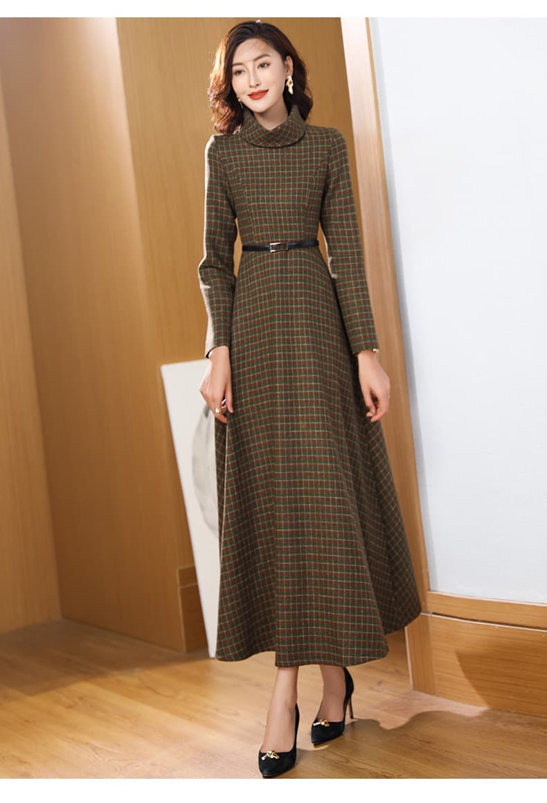 ロングワンピース タートルネック 上品チェック柄タートルネックマキシワンピース