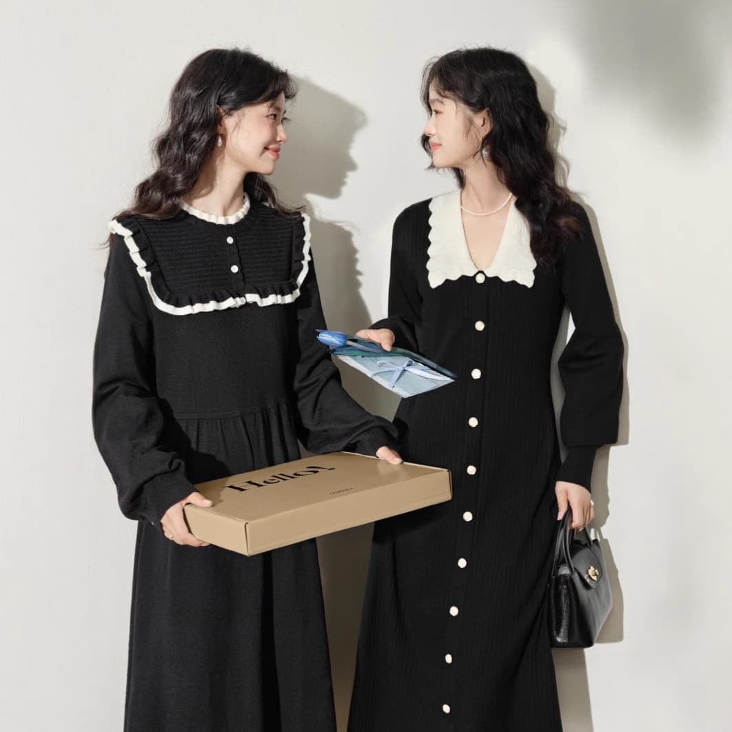 ロングワンピース フリル襟レトロニットワンピース