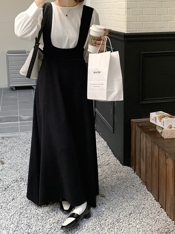 ロングワンピース 長袖ブラウス サスペンダー マキシ丈 サロペット 韓国風